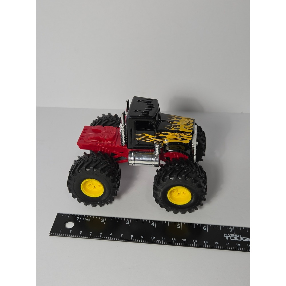 New-Ray Peterbilt Monster Truck Black with Yellow Flames Diecast Toy 5 Inch
